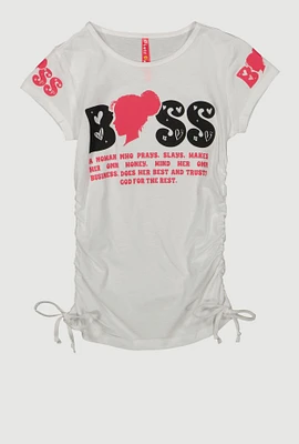 Girls Boss Graphic Ruched Tee, White, Size 7-8