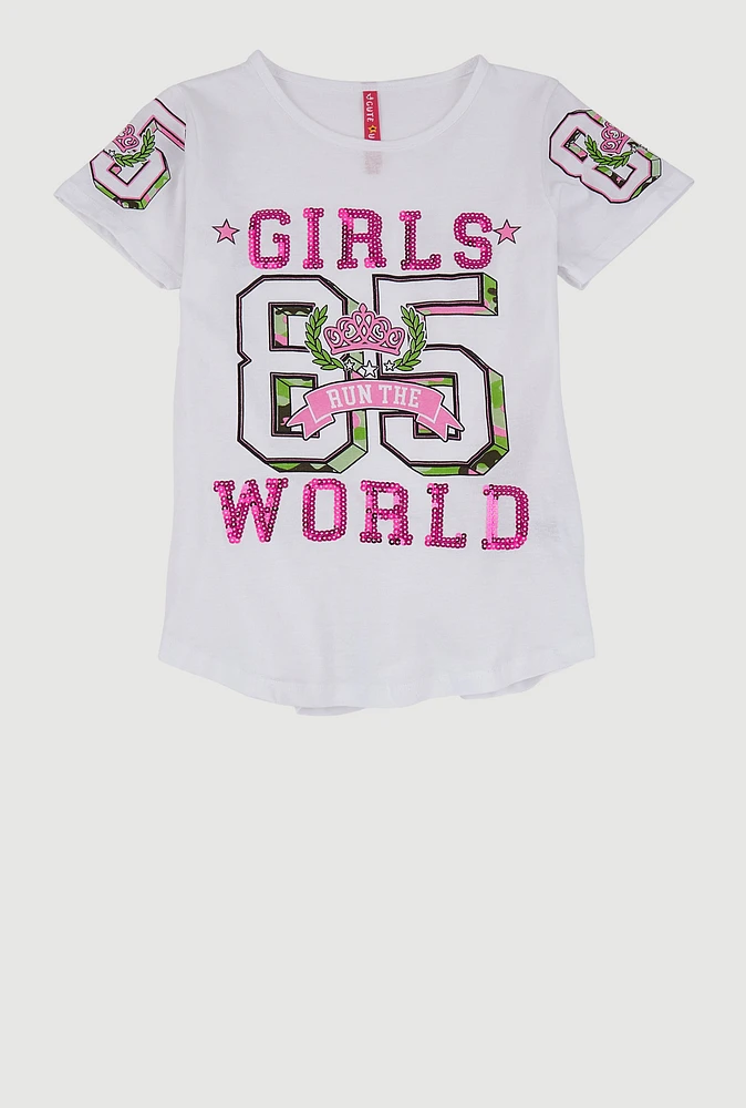 Girls Sequin Girls World Graphic Tee, White, Size 14-16