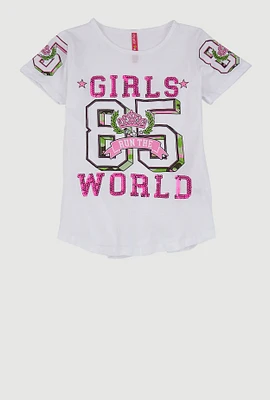 Girls Sequin Girls World Graphic Tee, White, Size 14-16