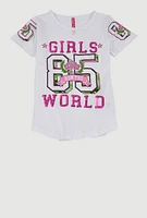 Girls Sequin Girls World Graphic Tee, White, Size 14-16