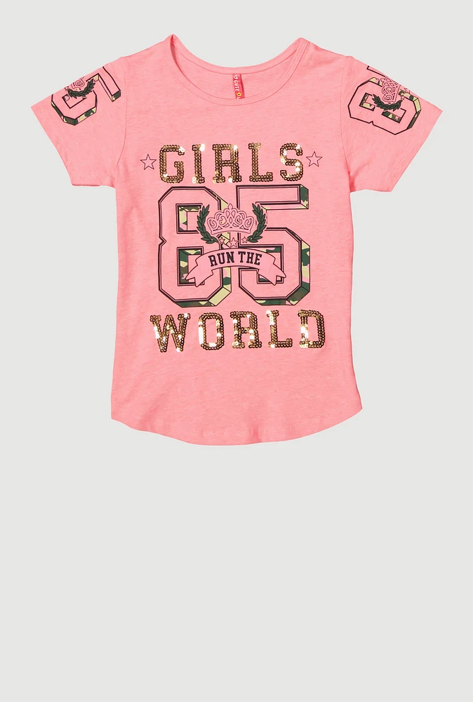 Girls Sequin Girls World Graphic Tee, Pink, Size 10-12