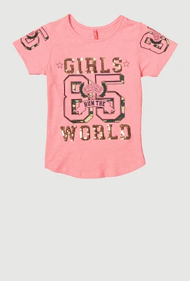 Girls Sequin Girls World Graphic Tee, Pink, Size 10-12