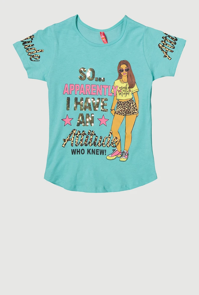 Girls Sequin Attitude Graphic Tee, Blue, Size 14-16