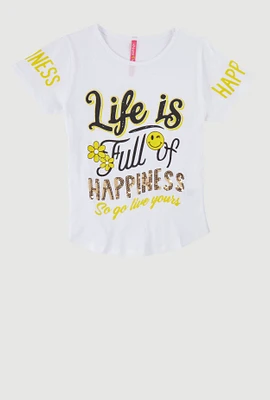 Girls Sequin Happiness Graphic Tee, White, Size 7-8