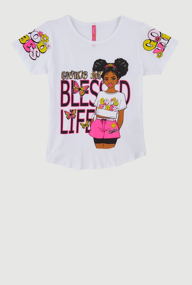 Girls Sequin Living My Blessed Life Graphic Tee, 14-16