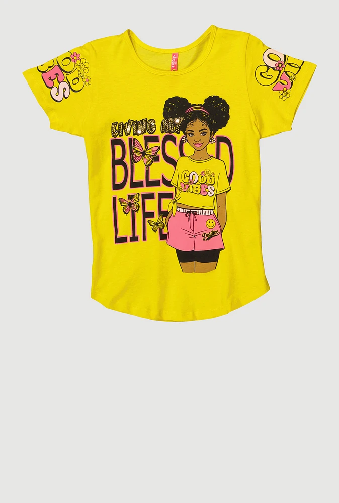 Girls Sequin Living My Blessed Life Graphic Tee, Yellow,