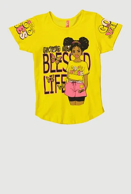 Girls Sequin Living My Blessed Life Graphic Tee, Yellow,