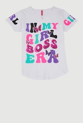 Girls Sequin Boss Era Graphic Tee, White, Size 14-16