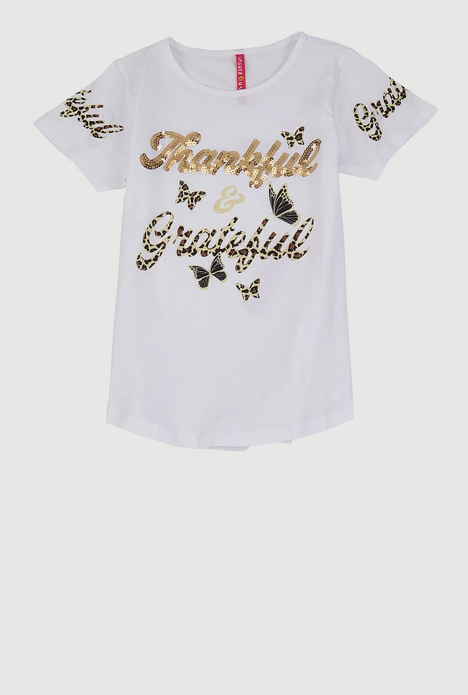 Girls Thankful and Grateful Sequin Graphic Tee, White, Size 10-12