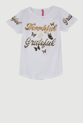 Girls Thankful and Grateful Sequin Graphic Tee, White, Size 10-12