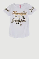 Girls Thankful and Grateful Sequin Graphic Tee, White, Size 10-12
