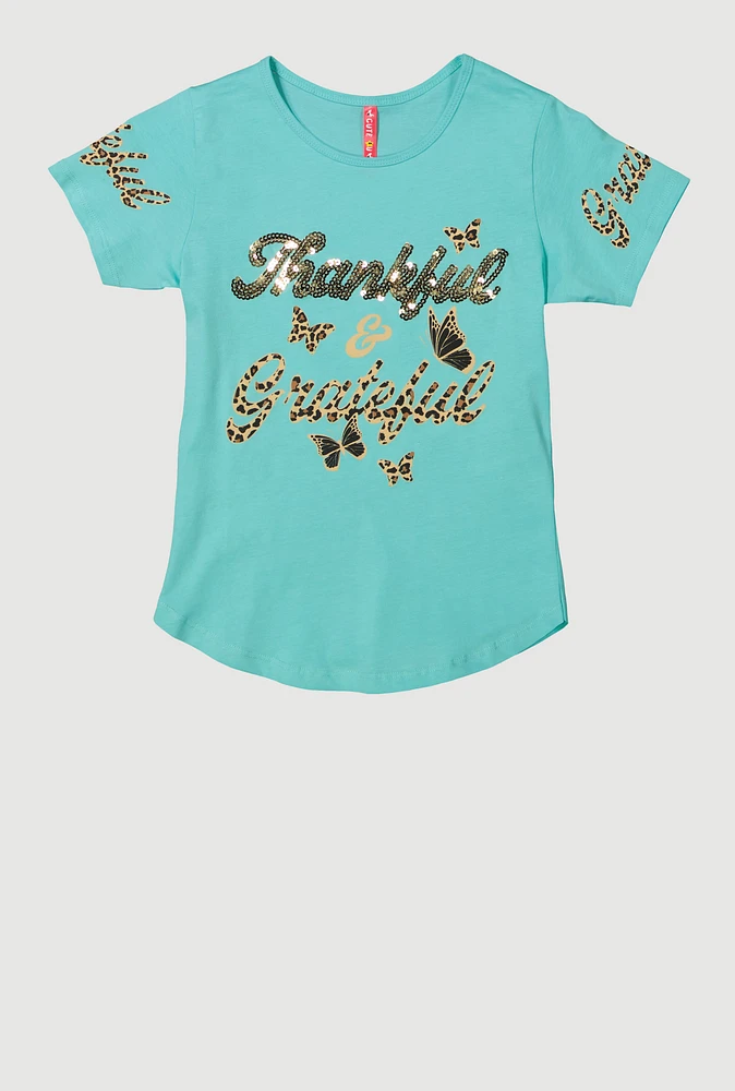 Girls Thankful and Grateful Sequin Graphic Tee,