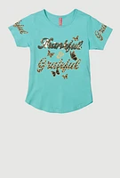 Girls Thankful and Grateful Sequin Graphic Tee, Blue, Size 10-12