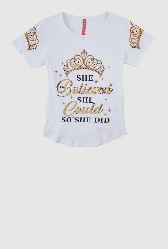 Girls She Glitter Sequin Graphic Tee, White, Size 7-8