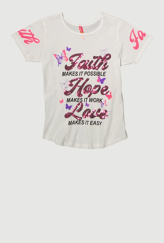 Girls Sequin Faith Hope Love Graphic Tee, White,