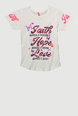 Girls Sequin Faith Hope Love Graphic Tee, White,
