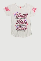 Girls Sequin Faith Hope Love Graphic Tee, White,