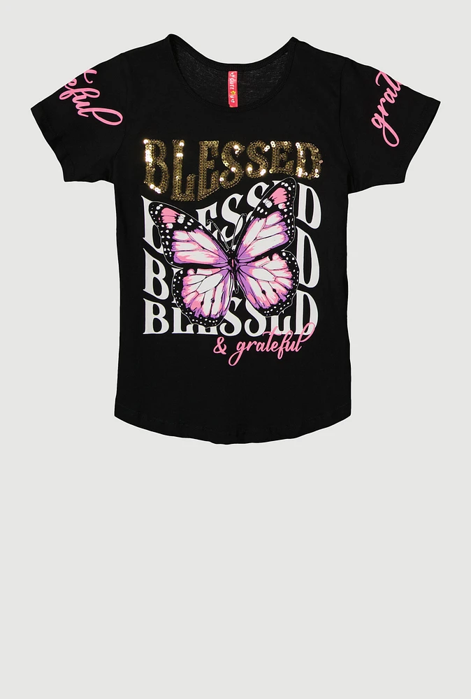 Girls Sequin Blessed And Grateful Butterfly Tee, 7-8