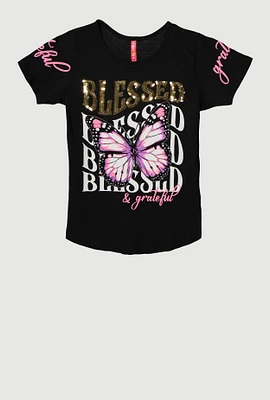 Girls Sequin Blessed And Grateful Butterfly Tee, 7-8