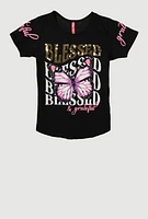 Girls Sequin Blessed And Grateful Butterfly Tee, 7-8