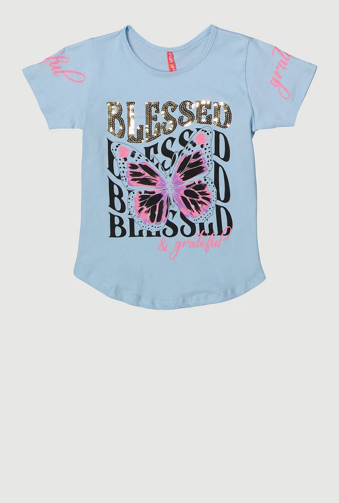Girls Sequin Blessed And Grateful Butterfly Tee, Blue, Size 14-16