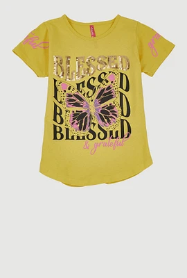 Girls Sequin Blessed And Grateful Butterfly Tee, Yellow, Size 14-16