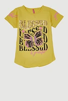 Girls Sequin Blessed And Grateful Butterfly Tee, Yellow, Size 14-16