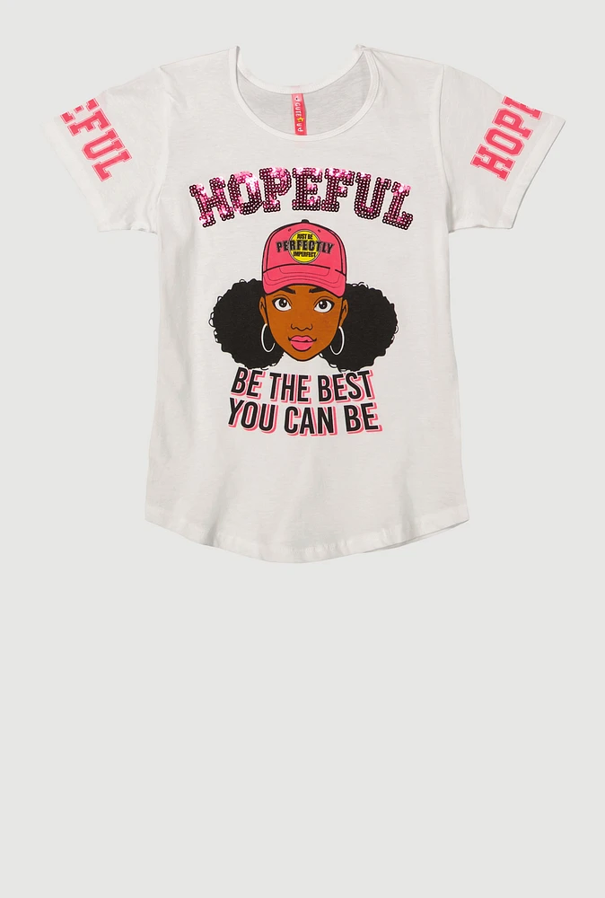 Girls Sequin Hopeful Graphic Tee, White, Size 7-8