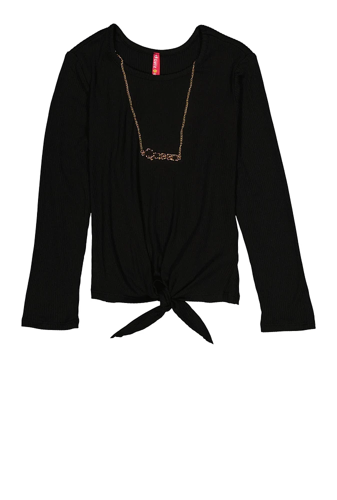 Girls Ribbed Knit Long Sleeve Top with Necklace, Black, Size 7-8