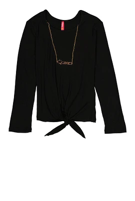 Girls Ribbed Knit Long Sleeve Top with Necklace, Black, Size 7-8