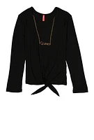 Girls Ribbed Knit Long Sleeve Top with Necklace, Black, Size 7-8