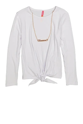 Girls Ribbed Knit Long Sleeve Top with Necklace, White, Size 7-8