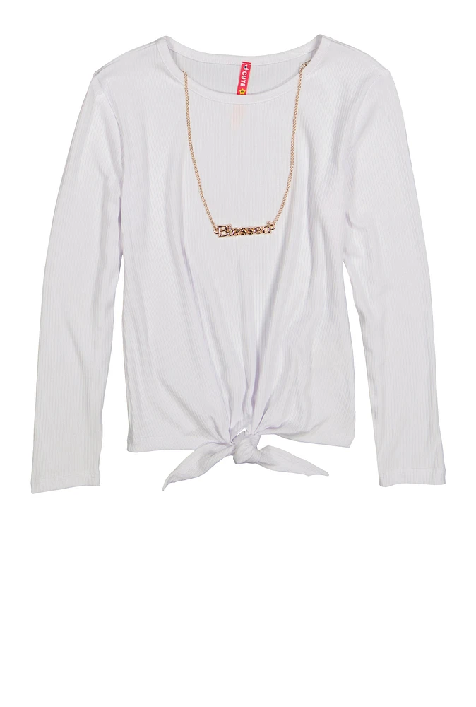 Girls Ribbed Knit Long Sleeve Top with Necklace, White, Size 7-8