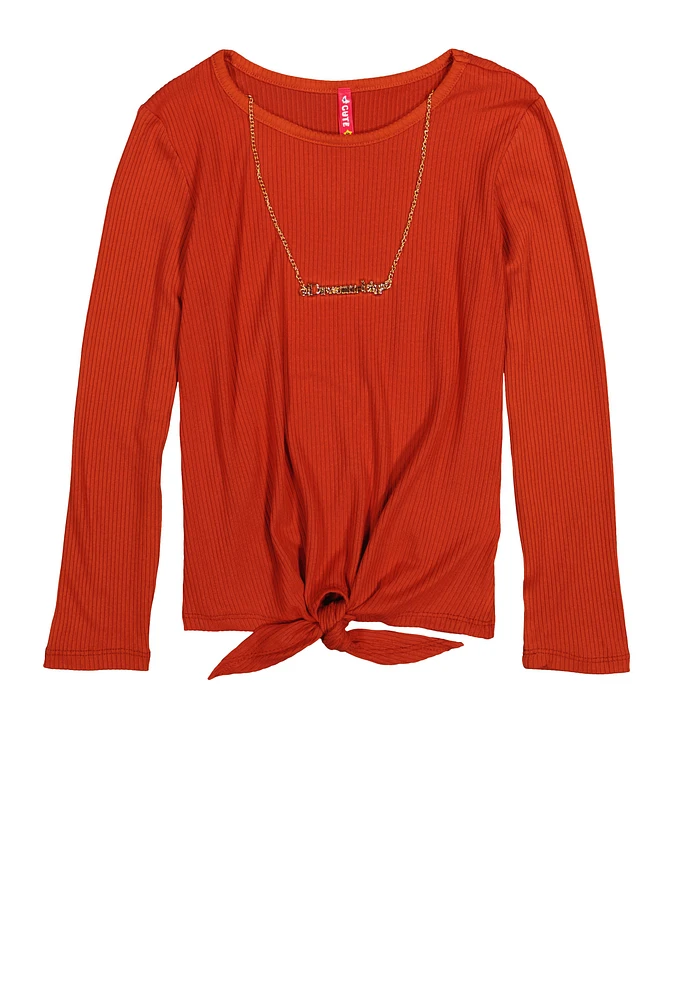 Girls Ribbed Knit Long Sleeve Top with Necklace, Orange, Size 7-8