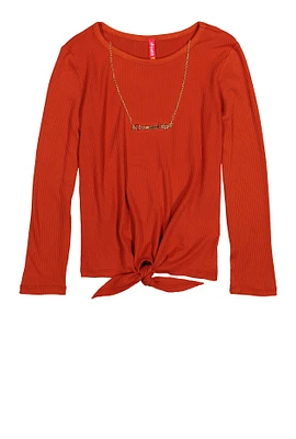 Girls Ribbed Knit Long Sleeve Top with Necklace, Orange, Size 7-8
