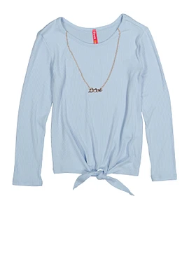 Girls Ribbed Knit Long Sleeve Top with Necklace, 7-8