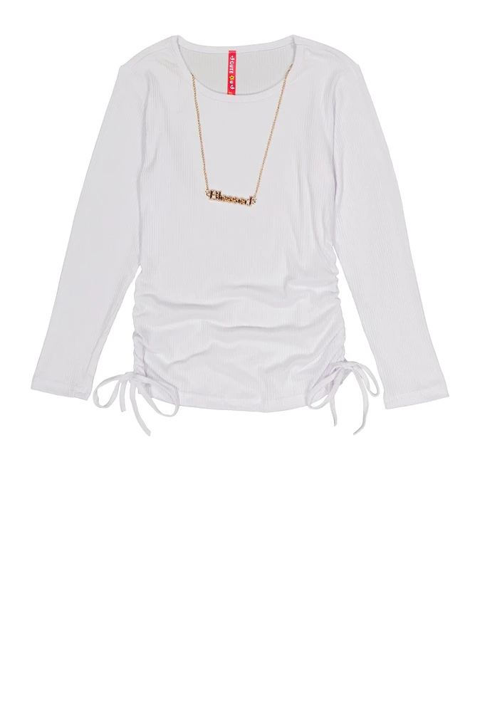 Girls Ribbed Long Sleeve Top with Necklace, White, Size 10-12