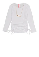 Girls Ribbed Long Sleeve Top with Necklace, White, Size 10-12