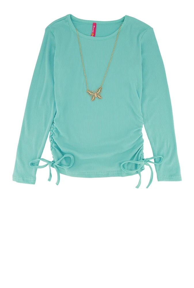 Girls Ribbed Long Sleeve Top with Necklace, Blue, Size 7-8