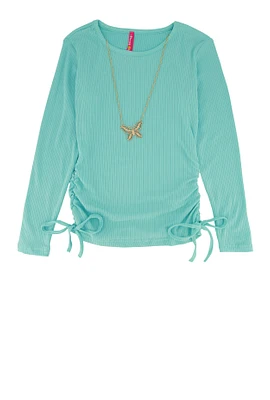 Girls Ribbed Long Sleeve Top with Necklace, Blue, Size 10-12