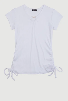 Girls Ribbed Knit Heart Keyhole T Shirt, White, Size 14-16