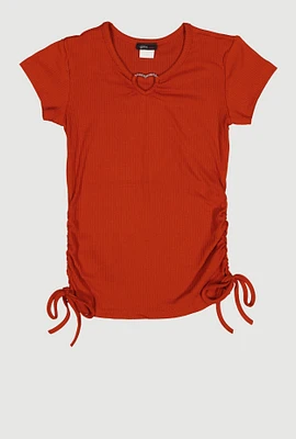 Girls Ribbed Knit Heart Keyhole T Shirt,