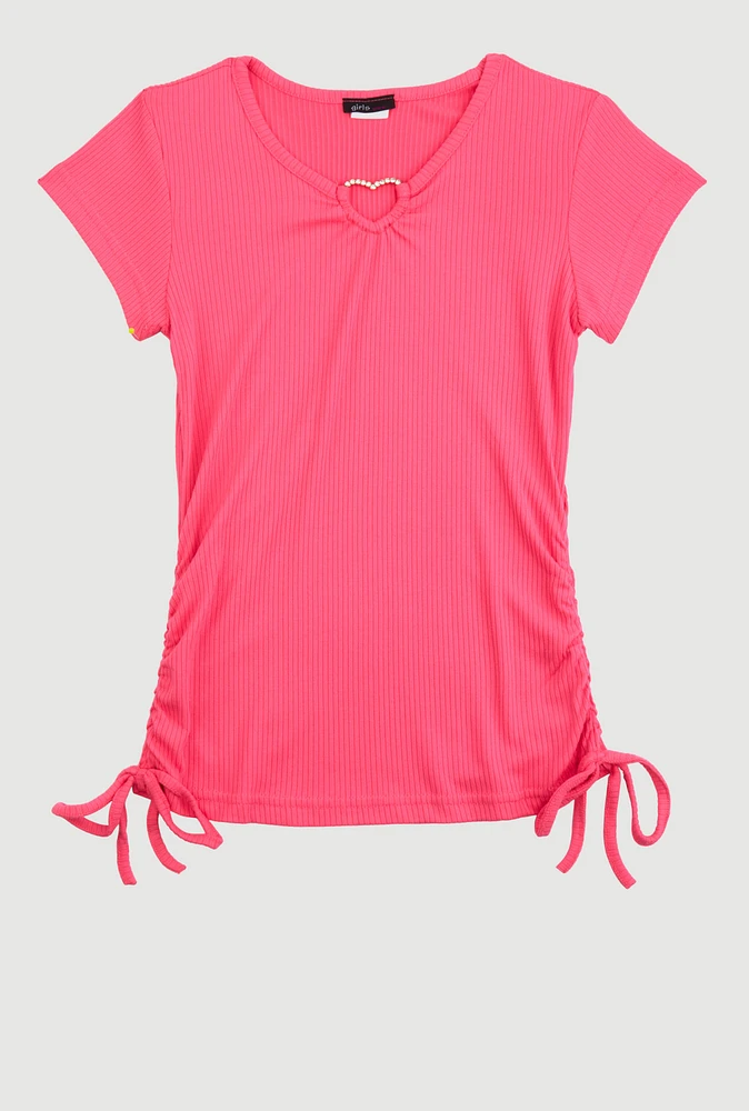 Girls Ribbed Knit Heart Keyhole T Shirt, Pink, Size 14-16