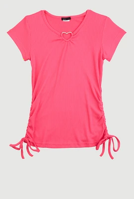 Girls Ribbed Knit Heart Keyhole T Shirt, Pink, Size 14-16