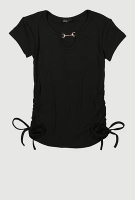 Girls Rhinestone Horsebit Keyhole Short Sleeve Top, Black,