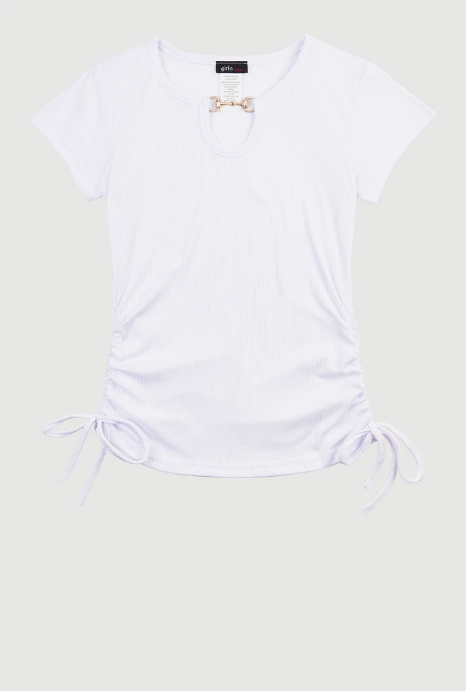 Girls Rhinestone Horsebit Keyhole Short Sleeve Top, White, Size 10-12