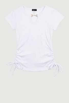 Girls Rhinestone Horsebit Keyhole Short Sleeve Top, White, Size 10-12