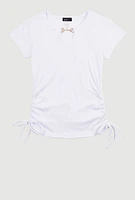 Girls Rhinestone Horsebit Keyhole Short Sleeve Top, White, Size 10-12