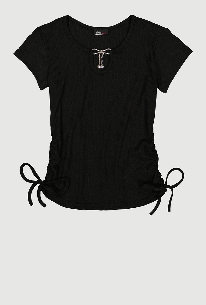 Girls Rhinestone Bow Notch Neck Top,