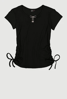 Girls Rhinestone Bow Notch Neck Top,